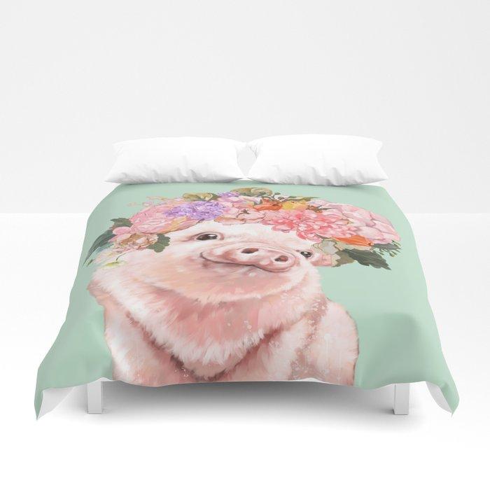 3D Baby Pig with Flowers Crown in Pastel Green Duvet Cover Bedding Sets