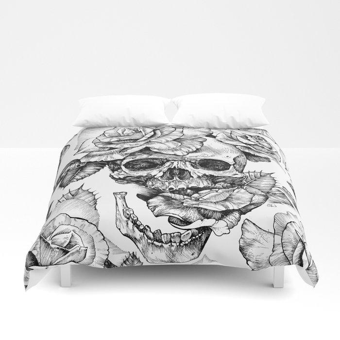 3D Black and White skull with roses pen drawing Duvet Cover Bedding Sets