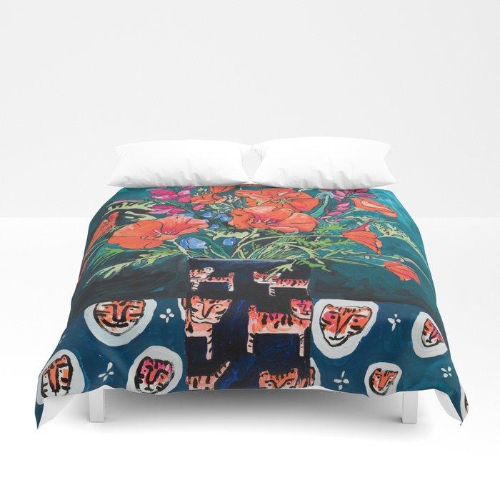 3D California Poppy and Wildflower Bouquet on Emerald with Tigers Still Life Painting Duvet Cover Bedding Sets