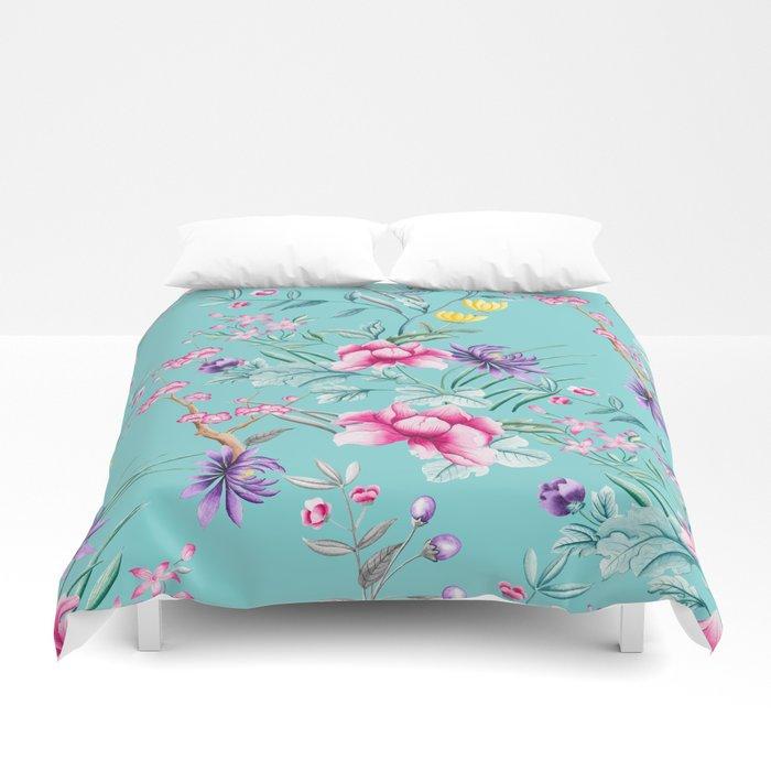 3D Chinoiserie Decorative Floral Motif Pale Turquoise Duvet Cover Bedding Sets