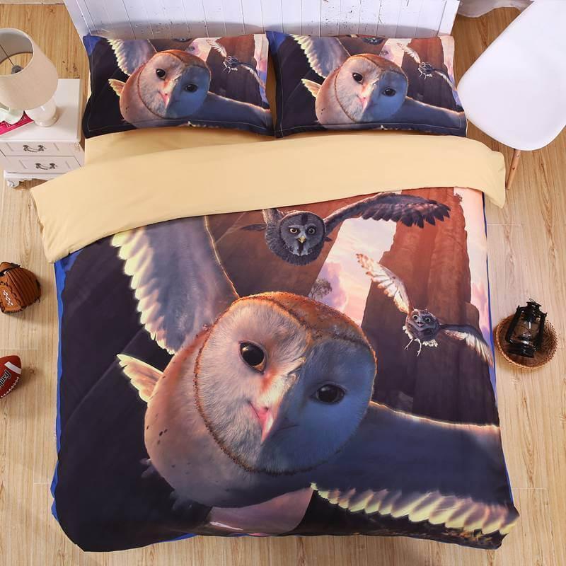 3D Owl Bedding Set 3PCS Duvet Cover Set Flat Sheet Pillowcses Bedclothes