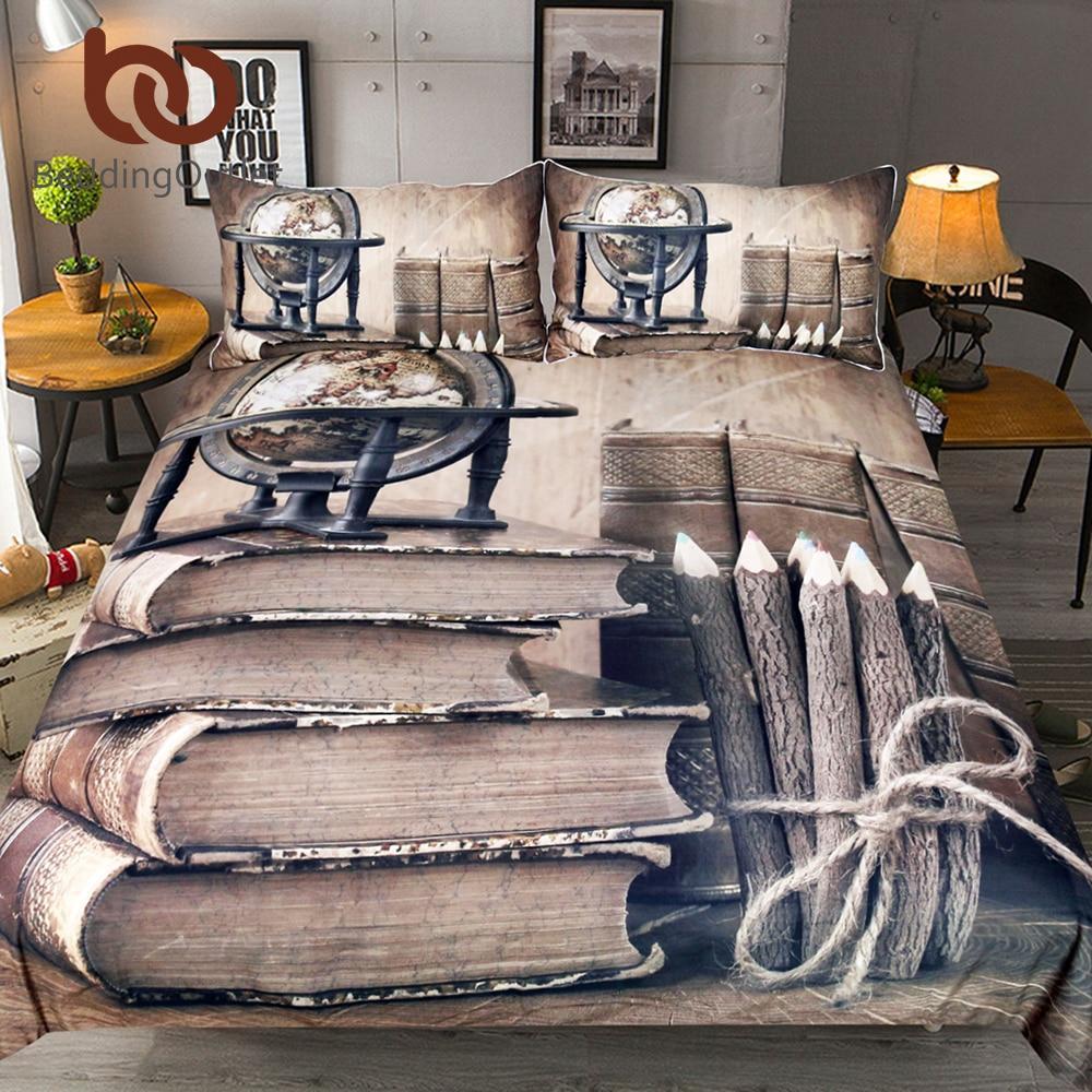 3d Printed Books Globe and Pens et Vintage Home Textiles Brown Bedclothes 3D Customized Duvet Cover Bedding Sets