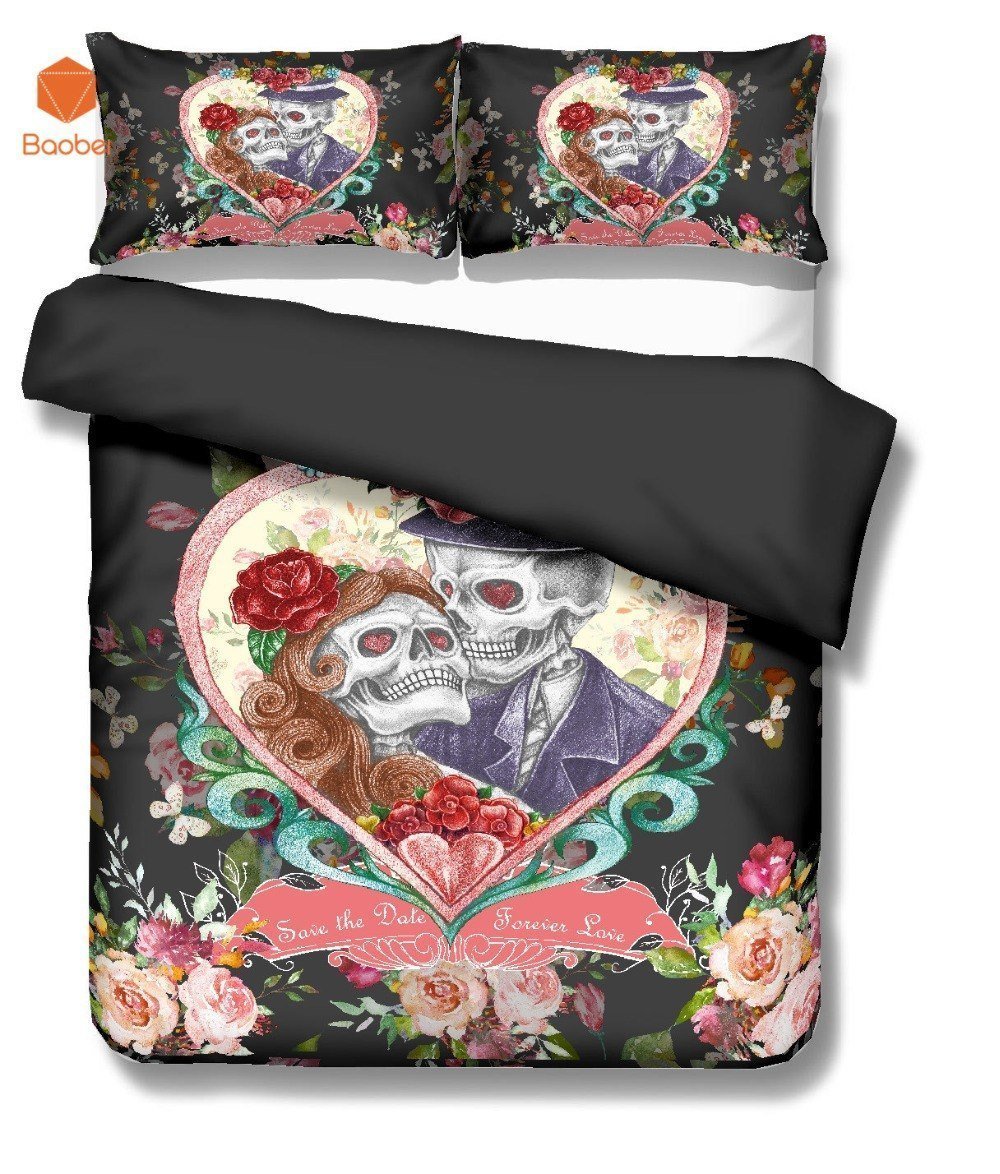 3Pcs Sugar Flowers Heart Skull Black Bedding Set