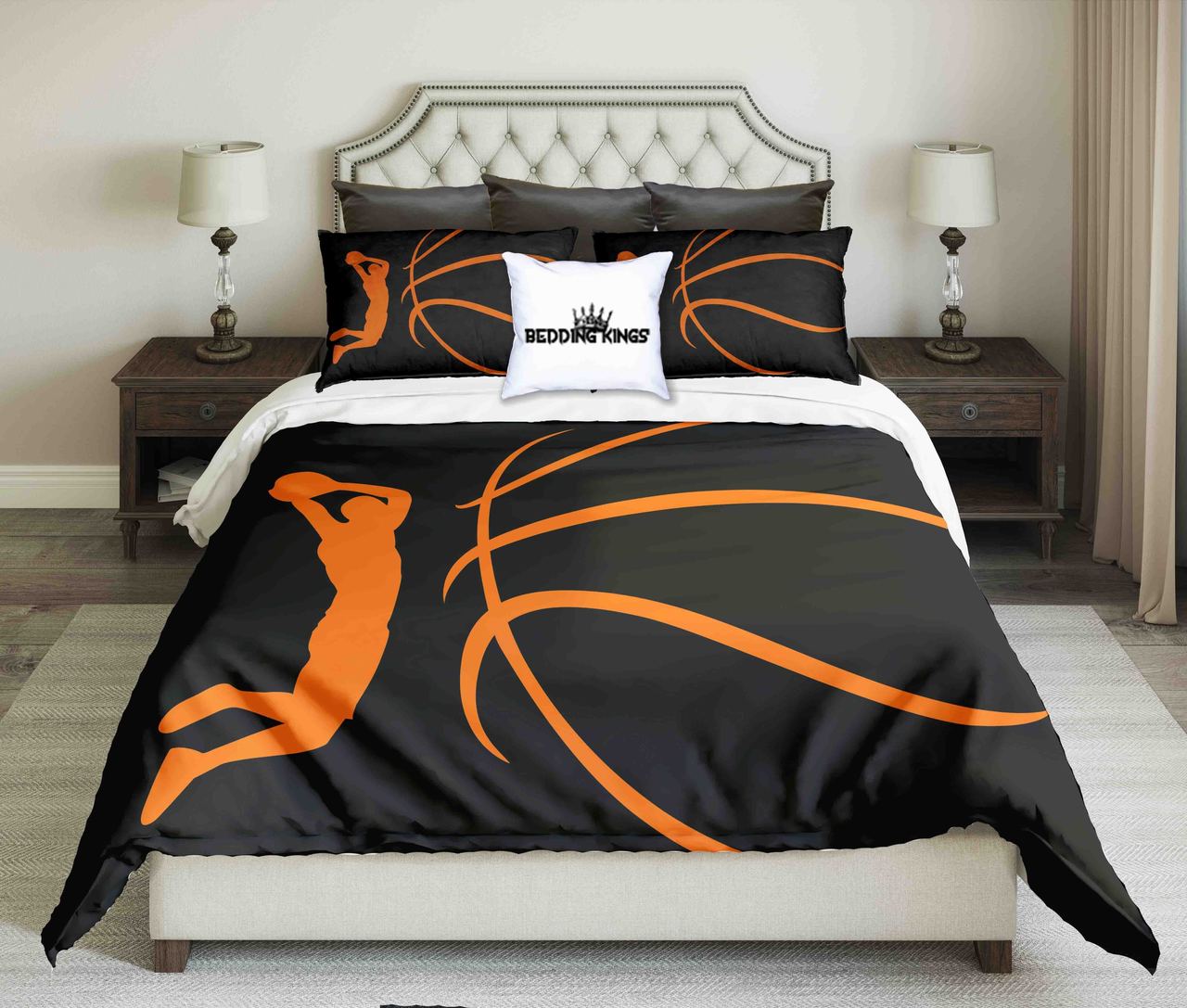 Abstract Orange Basketball Player on Black Background Design | kings3D Customized Duvet Cover Bedding Sets