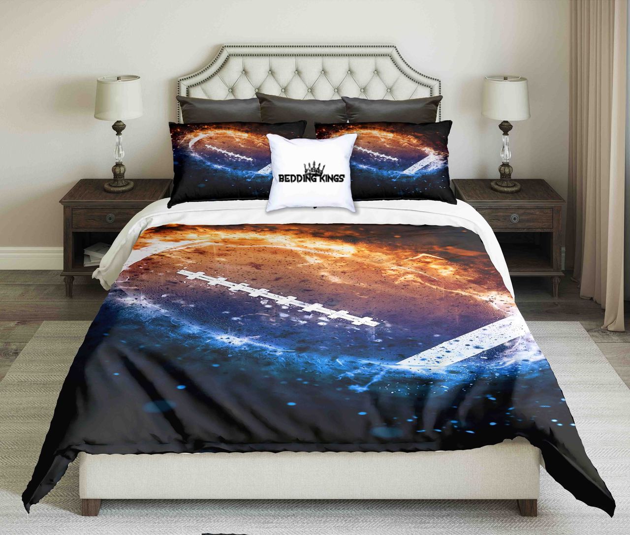 American Football Ball On Fire On Dark Background | kings3D Customized Duvet Cover Bedding Sets