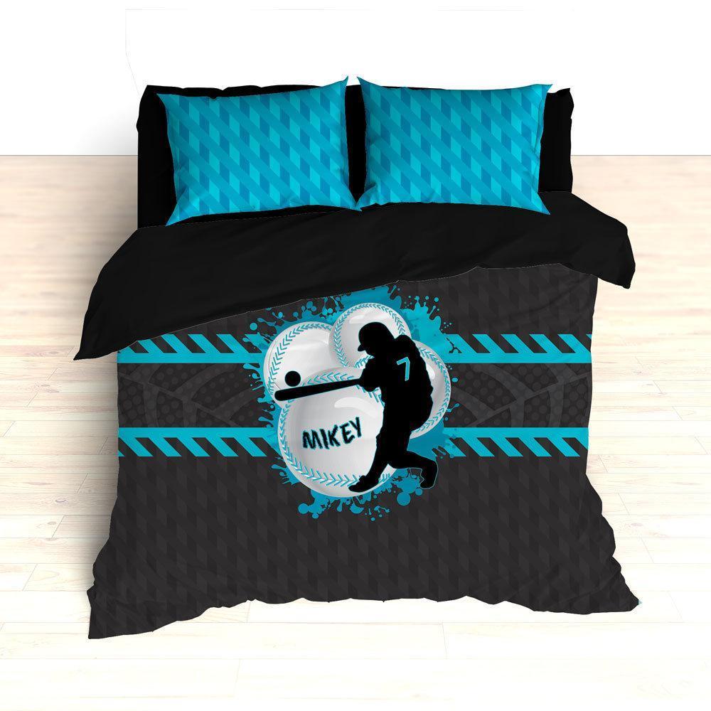 Baseball Bedding, Blue, Gray, Black, Weave Pattern, Splash Paint Design, Personalized, Duvet, Comforter, King, Twin, Queen, Toddler, Grey