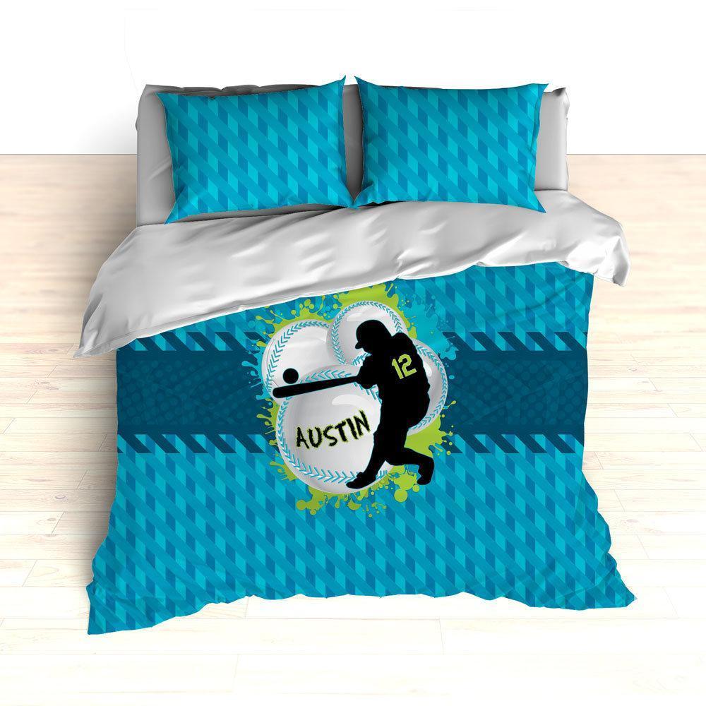 Baseball Bedding, Blue, Teal and Green, Weave Pattern, Splash Paint Design, Personalized, Duvet, Comforter, King, Twin, Queen, Toddler