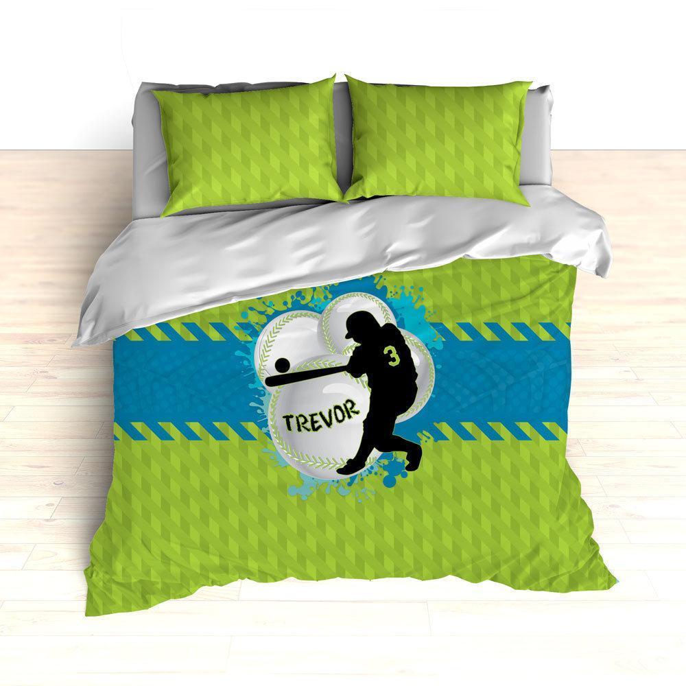 Baseball Bedding, Green, Blue and Teal, Weave Pattern, Splash Paint Design, Personalized, Duvet, Comforter, King, Twin, Queen, Toddler