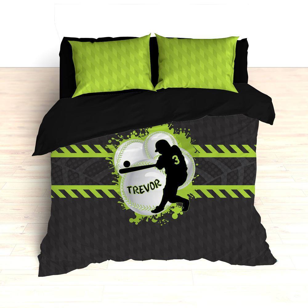 Baseball Bedding, Green, Gray, Black, Weave Pattern, Splash Paint Design, Personalized, Duvet, Comforter, King, Twin, Queen, Toddler, Grey