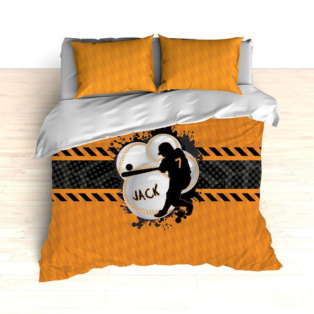 Baseball Bedding, Orange, Grey and Black, Weave Pattern, Splash Paint Design, Personalized, Duvet, Comforter, King, Twin, Queen, Toddler