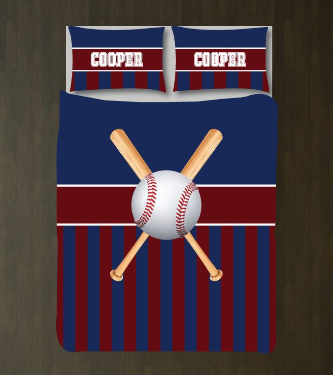 Baseball Bedding Set with Ball and Bats Customized Duvet Cover| Navy and Burgundy