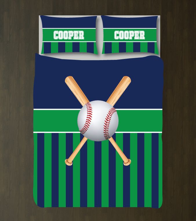 Baseball Bedding Set with Ball and Bats Customized Duvet Cover| Navy and Green
