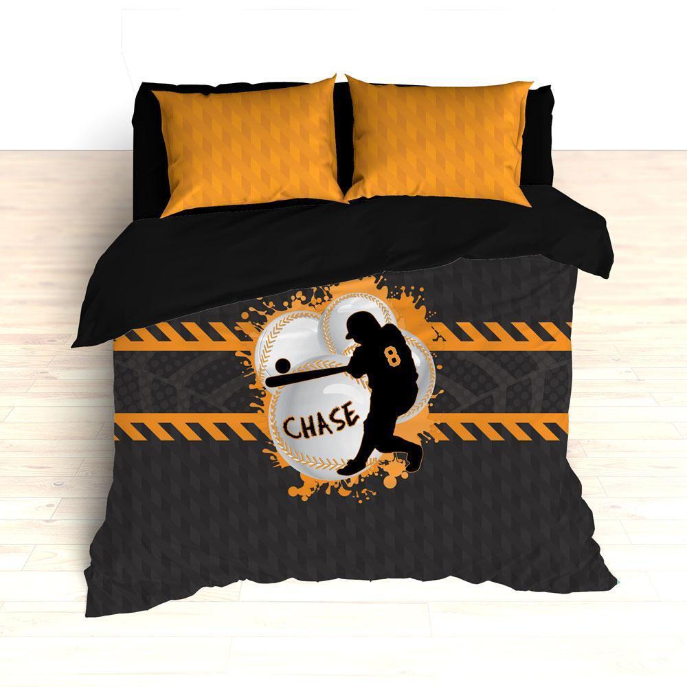 Baseball Bedding, Weave Pattern, Splash Paint Design, Orange, Grey and Black, Personalized, Duvet, Comforter, King, Twin, Queen, Toddler