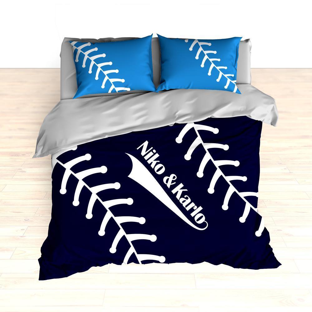 Baseball Stitches Bedding, Personalized Comforter or Duvet, Navy Blue, Light Blue