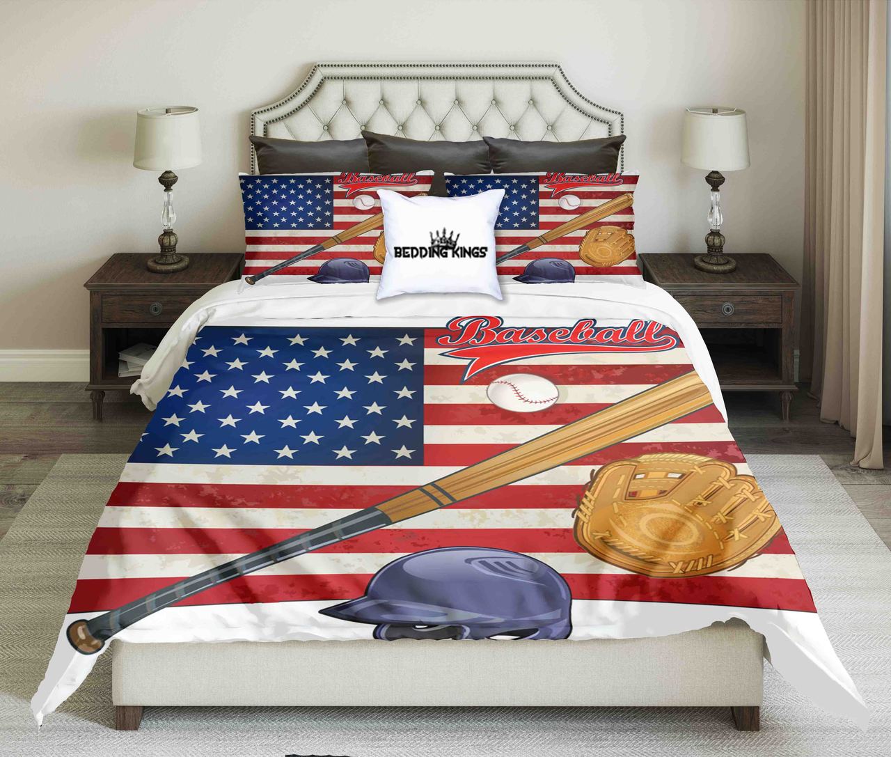 Baseball Tools On American Flag Background Design | kings3D Customized Duvet Cover Bedding Sets