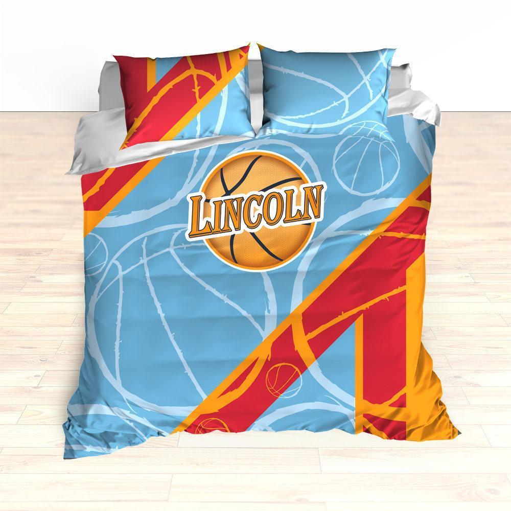 Basketball Stripes Bedding, Basketball Duvet, Basketball Comforter, Personalized, Blue, Red, Orange, Basketball, King, Twin, Queen, Toddler