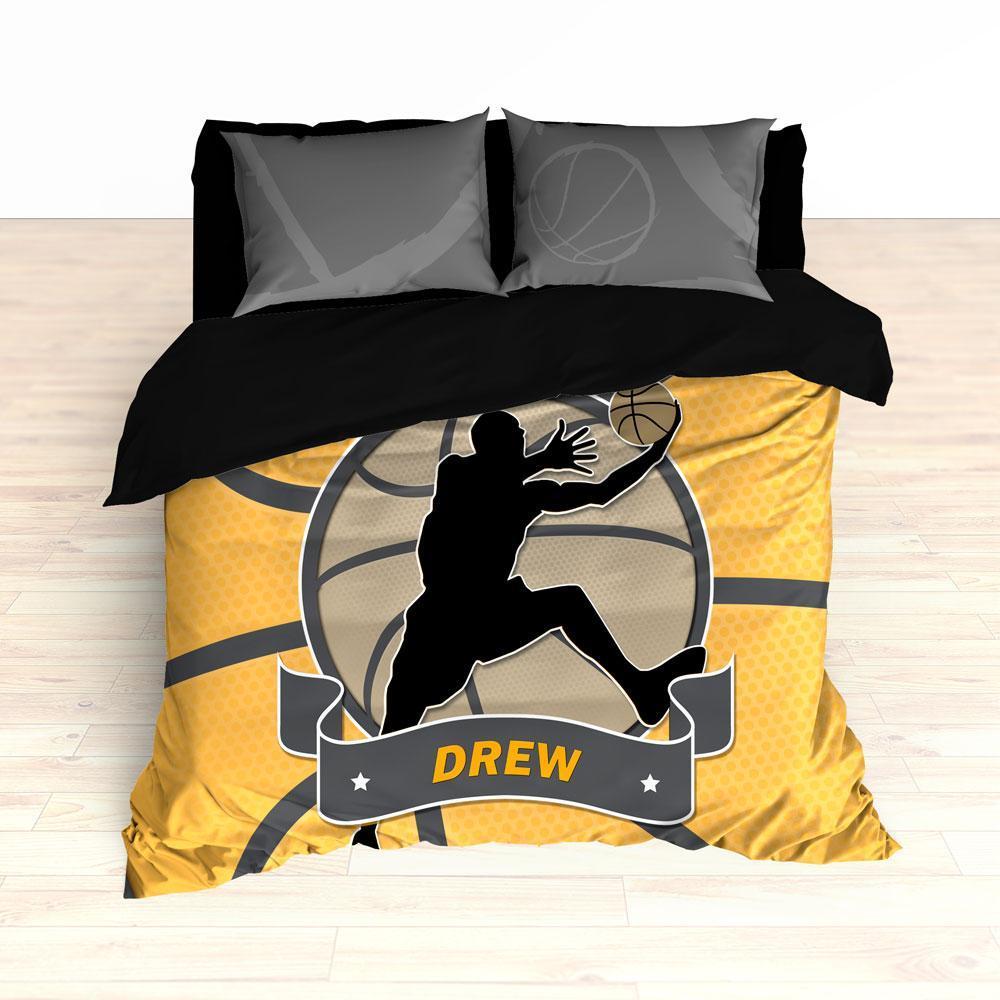 Basketball Stripes Bedding, Basketball Player Silhouette Jumping, Duvet or Comforter Set
