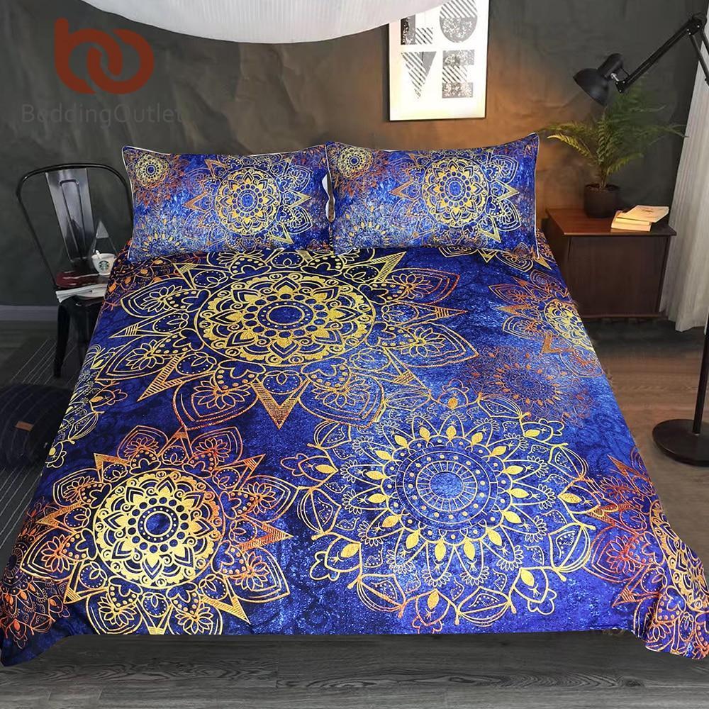 Bedding Blue Golden Flowers Duvet Cover Set With Pillowcases