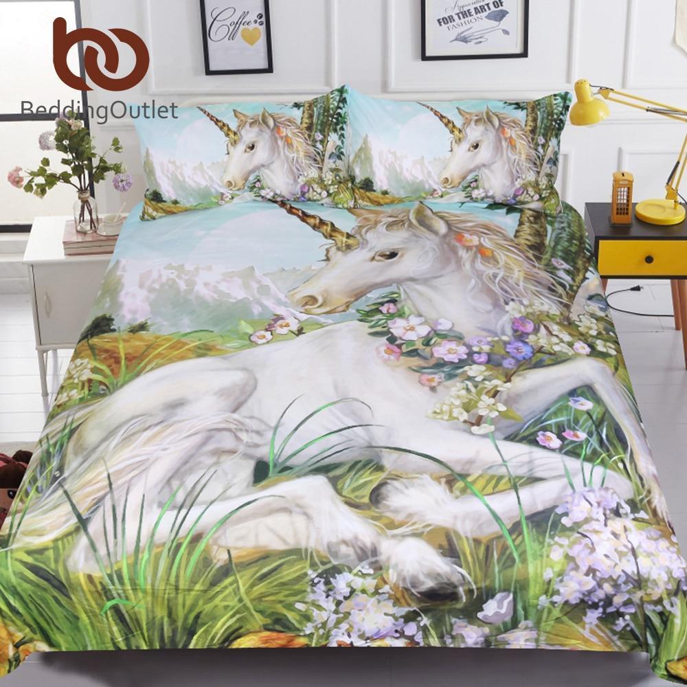 Bedding Outlet Floral Unicorn Watercolor Duvet Cover Set for Kids 3pcs