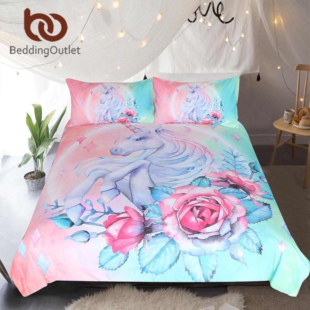 BeddingOutlet Unicorn and Rose Bedding Set Cartoon for Kids Duvet Cover Set