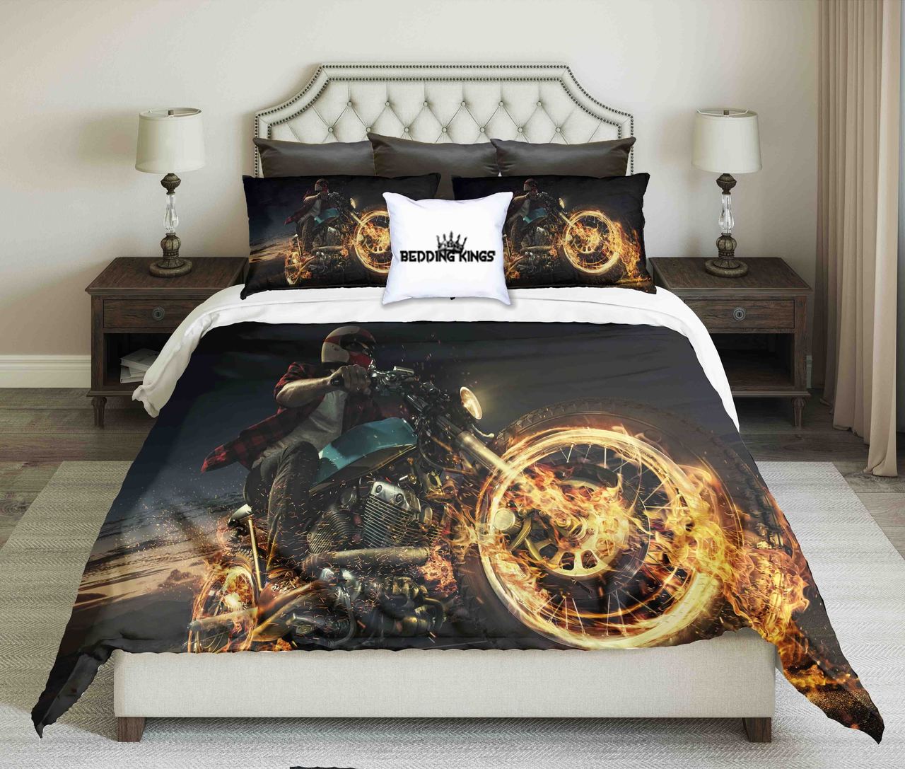 Biker On Fire Motorcycle At Night Design | kings3D Customized Duvet Cover Bedding Sets