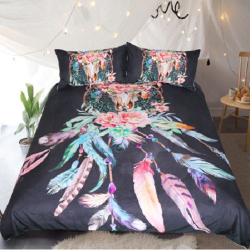 Black Feathers Skulls Duvet Cover