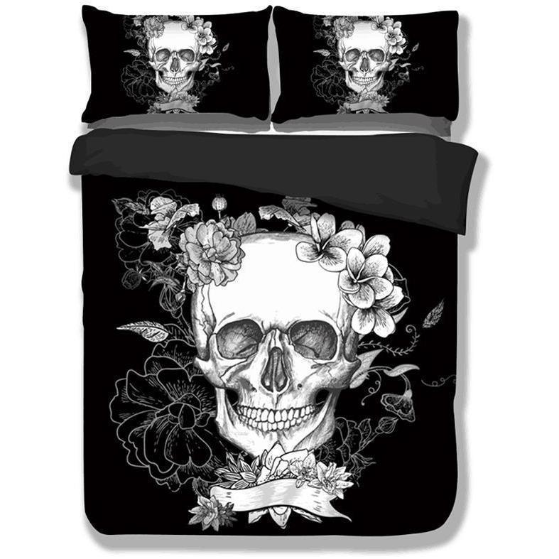 Black & White 3D Floral Skull Bedding Set