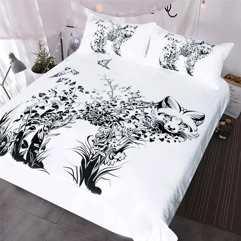 Black & White Floral Fox 3D Customized Duvet Cover Bedding Sets
