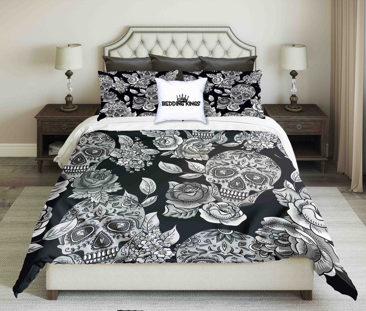 Black White Floralkull | kings3D Customized Duvet Cover Bedding Sets