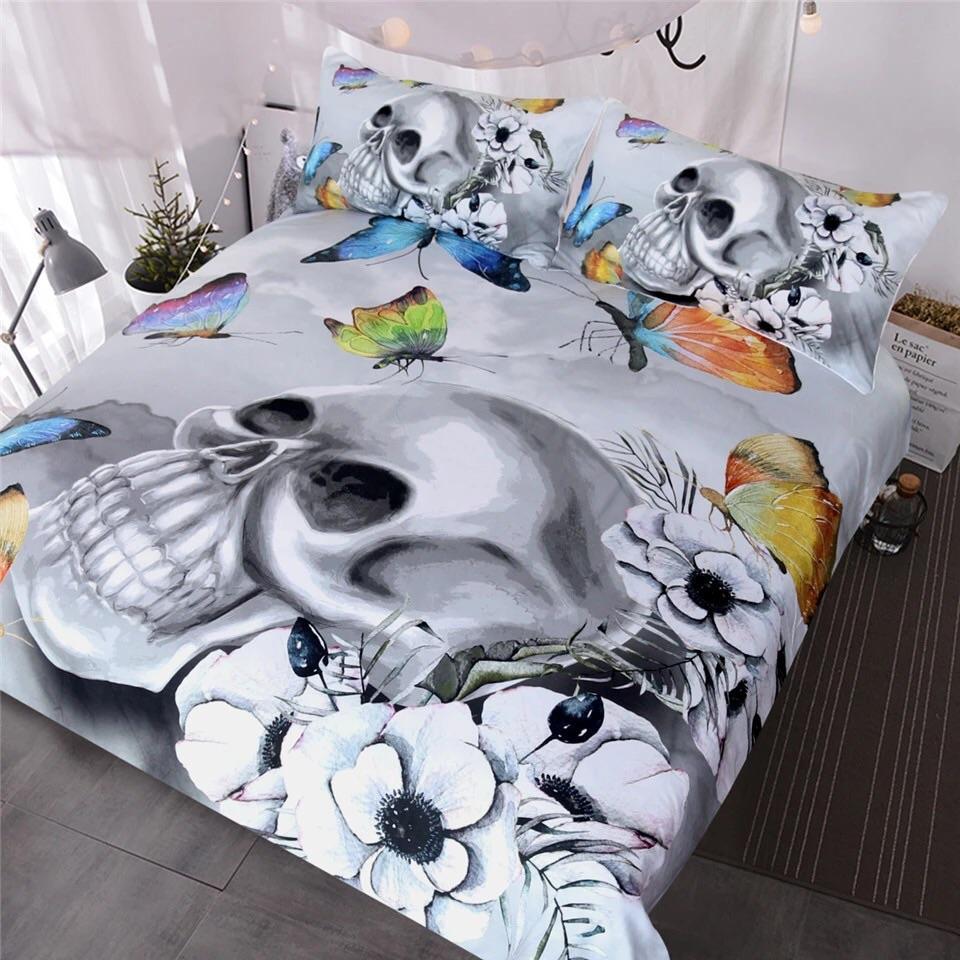 Black & Whitekull With Colourful Butterflies 3D Customized Duvet Cover Bedding Sets