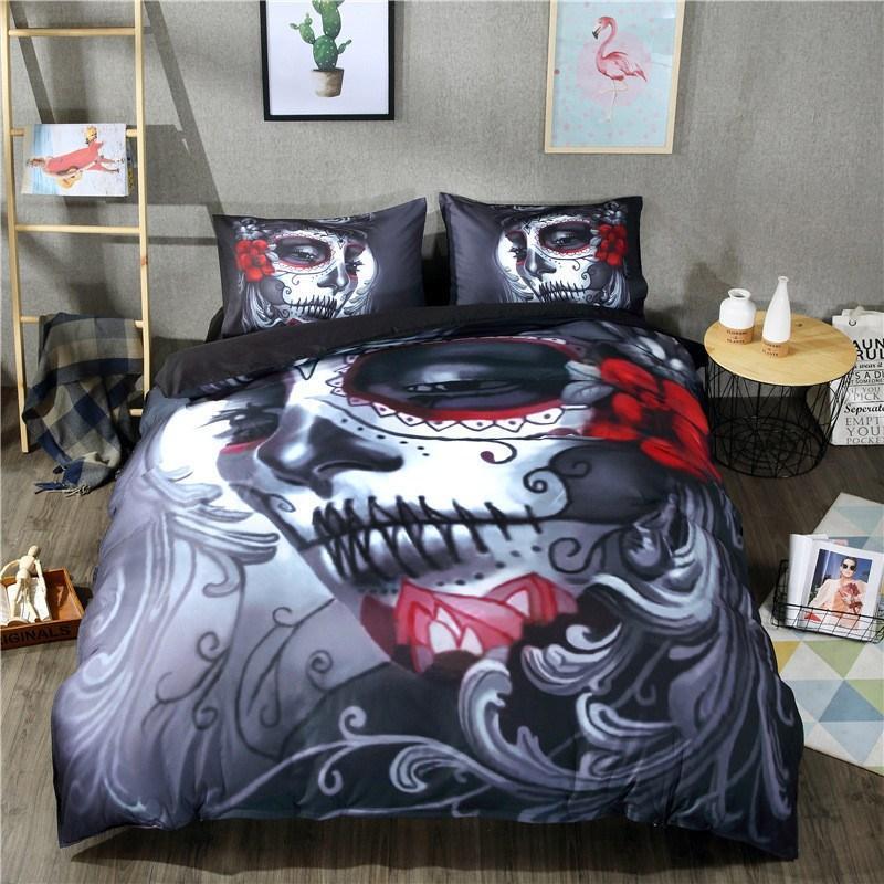 Blackkull Halloweentyle heet Queen King Double Bed Cotton Blend Flowerkull et Blank3D Customized Duvet Cover Bedding Sets