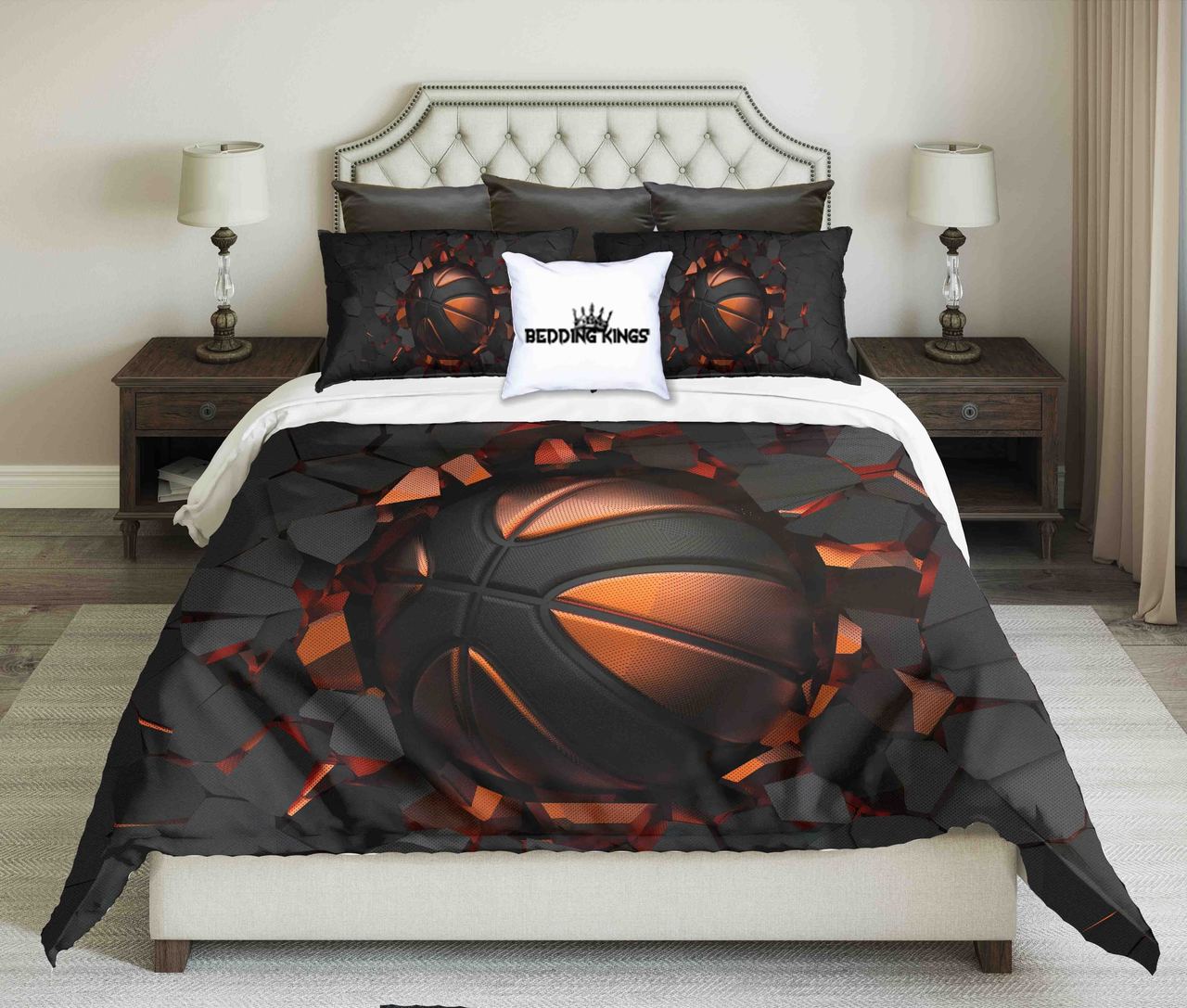 BlackOrange Basketball On Black Cracked Wall Background Design | kings3D Customized Duvet Cover Bedding Sets