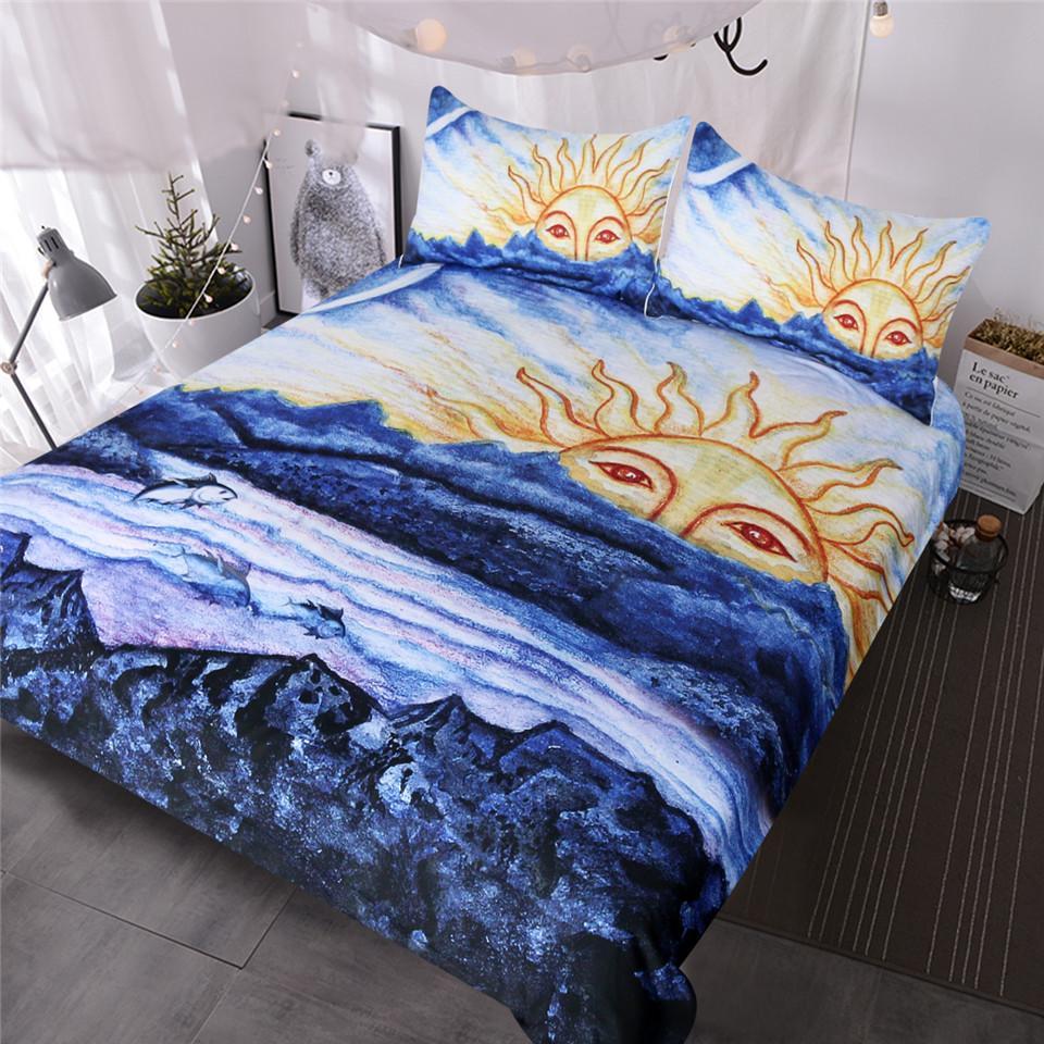 BlessLiving Abstract Costal Beach Morningun Over Ocean 3 Piece Blue White Natural Inspired et3D Customized Duvet Cover Bedding Sets