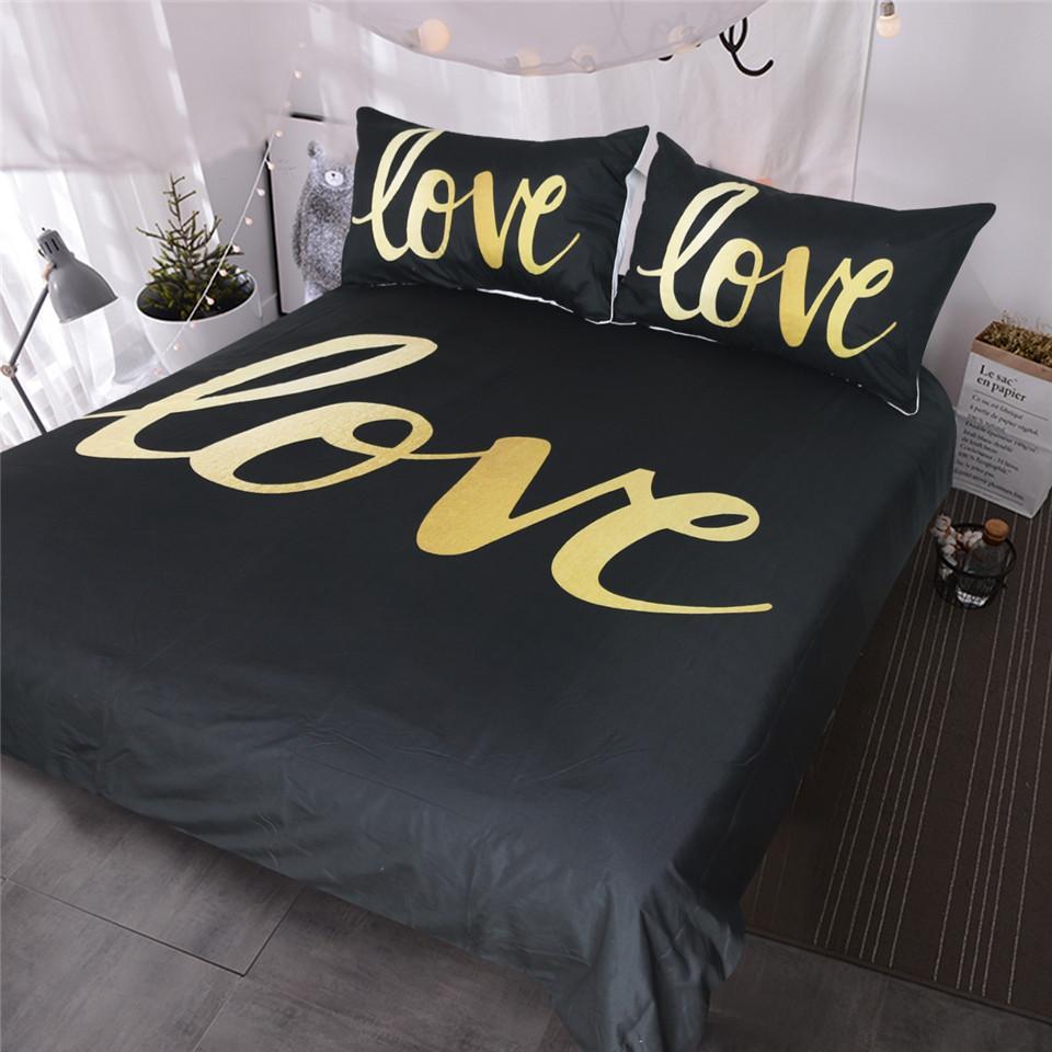 BlessLiving Black and Gold Love 3 Piece Home Modern Chic et Luxury and Romantic Couples Bedclothes King3D Customized Duvet Cover Bedding Sets