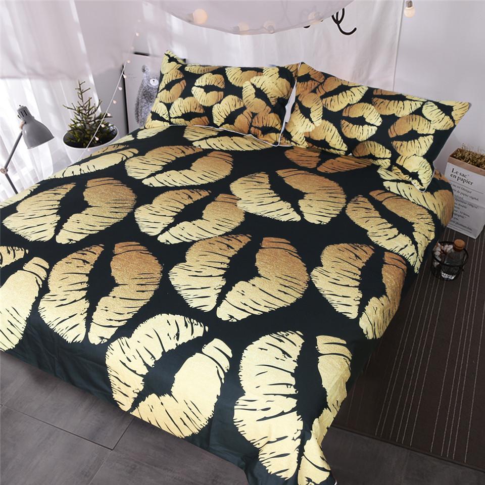 BlessLiving Blacktylish Chic Golden Glitter Lips Pattern Trendy Comforter Cover3D Customized Duvet Cover Bedding Sets