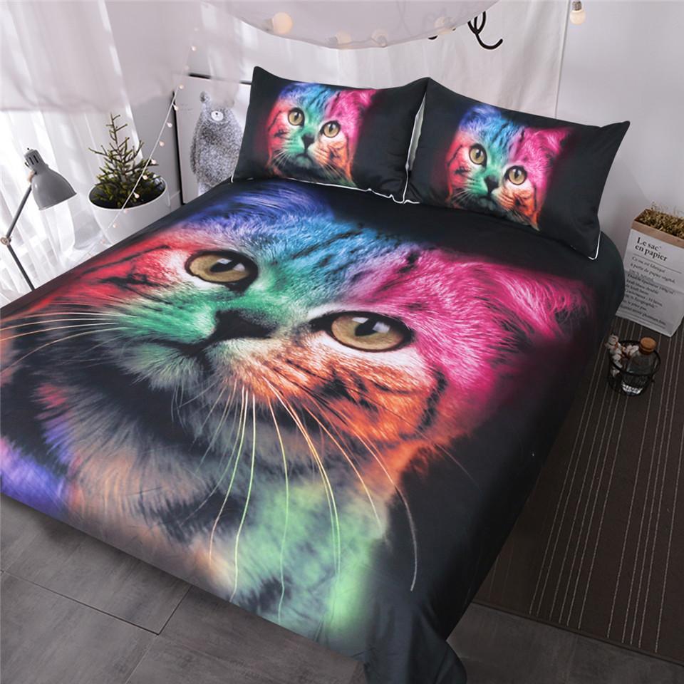 BlessLiving Cat for Girls Boys Cute Colorful Cat Pattern Bedspread 3 Piece Bold Color Black Animal et3D Customized Duvet Cover Bedding Sets