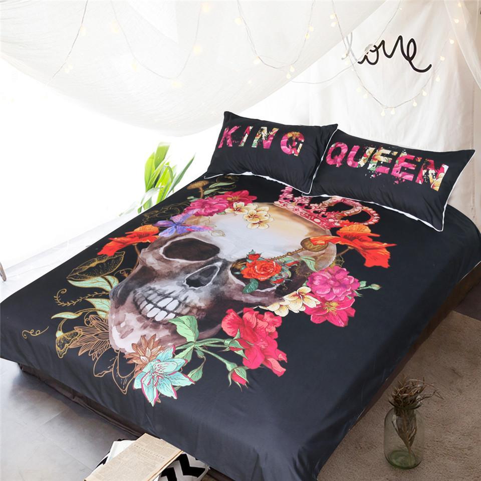 BlessLiving Crowned Floralkull ugarkull King Queen for Couple Gothic et3D Customized Duvet Cover Bedding Sets