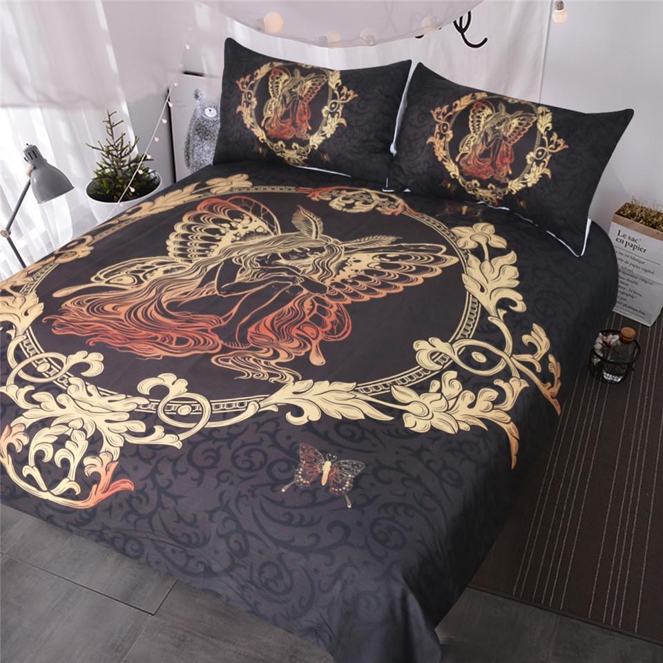 BlessLiving Fairy Butterfly Girl Mirror 3 Piece Gold Paisley et Girly Bedspreads Chic Black Bed Cover3D Customized Duvet Cover Bedding Sets