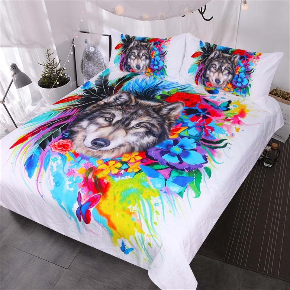 BlessLiving Floral Boho Wolf et Cool Wildlife Queen for Adults Bright Rainbow Flower Blossoms Bedspread3D Customized Duvet Cover Bedding Sets