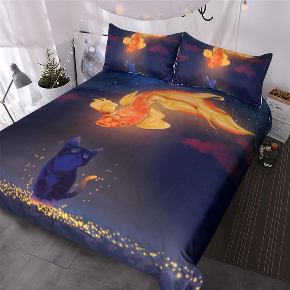 BlessLiving Funny Cat and Goldfish 3 Piece Woodland Animals Bedspread Vintage Asian Cat et for Kids3D Customized Duvet Cover Bedding Sets