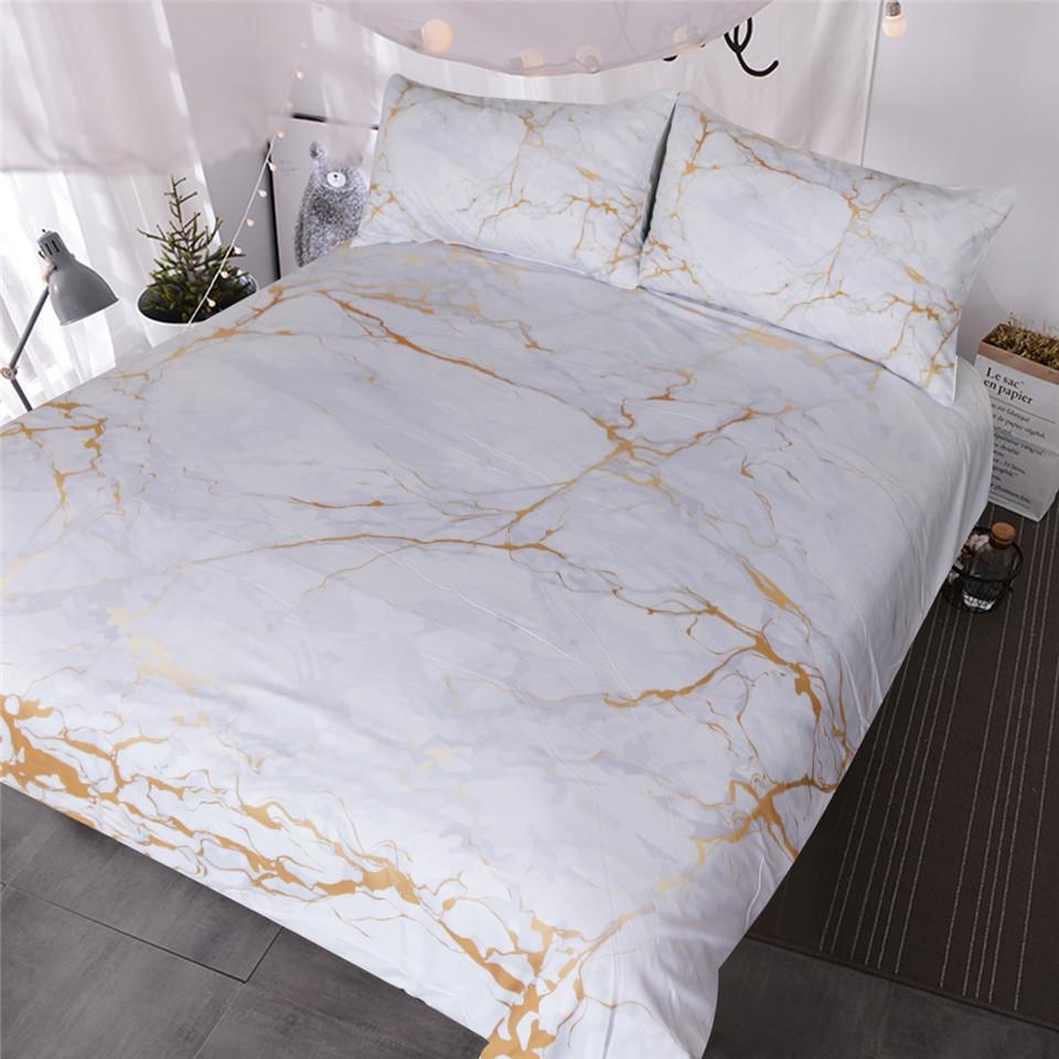 BlessLiving Gold and White Marble 3 Piece Nature Inspired Abstract Toned Home Textiles Old Fashion Rock 3D Customized Duvet Cover Bedding Sets