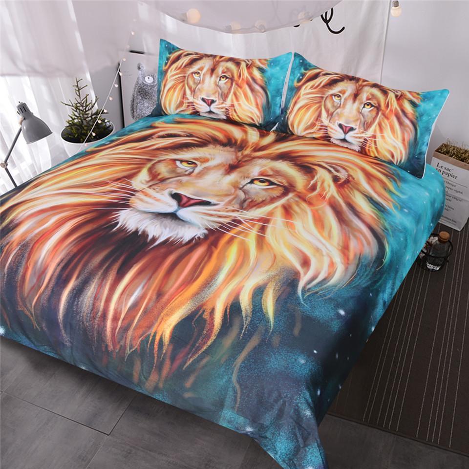 BlessLiving Gold Lion Artistic Lion Face 3D Oil Painting 3 Piece Wild Animal Teal Blue Bed Covers King3D Customized Duvet Cover Bedding Sets