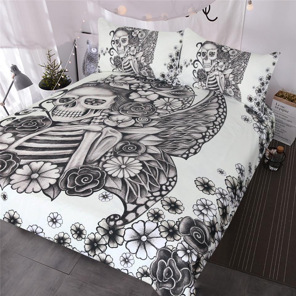 BlessLiving Gothickull Retro Butterfly Rose Comforter Cover Black Whitekeleton Bedspread Vintage 3D Customized Duvet Cover Bedding Sets