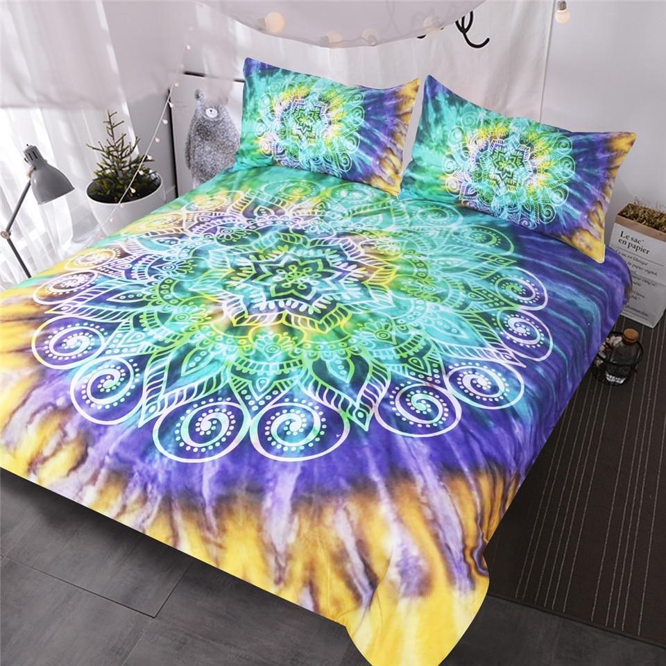 BlessLiving Lotus Flower Tie Dye 3 Piece Bohemian Mandala Yellow Purple Green Tye Dye Home Textiles3D Customized Duvet Cover Bedding Sets