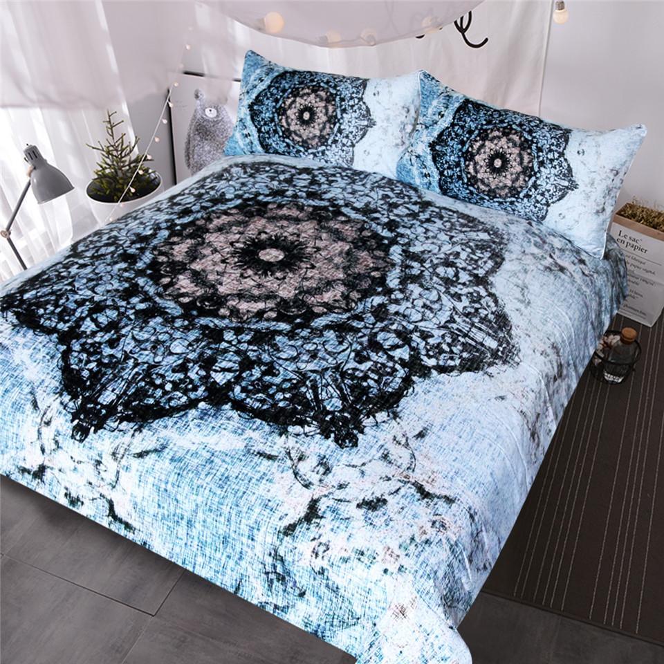 BlessLiving Mandala Black and Blue et Floral Printed Bed Cover for Adults Flower Bedclothes Double3D Customized Duvet Cover Bedding Sets