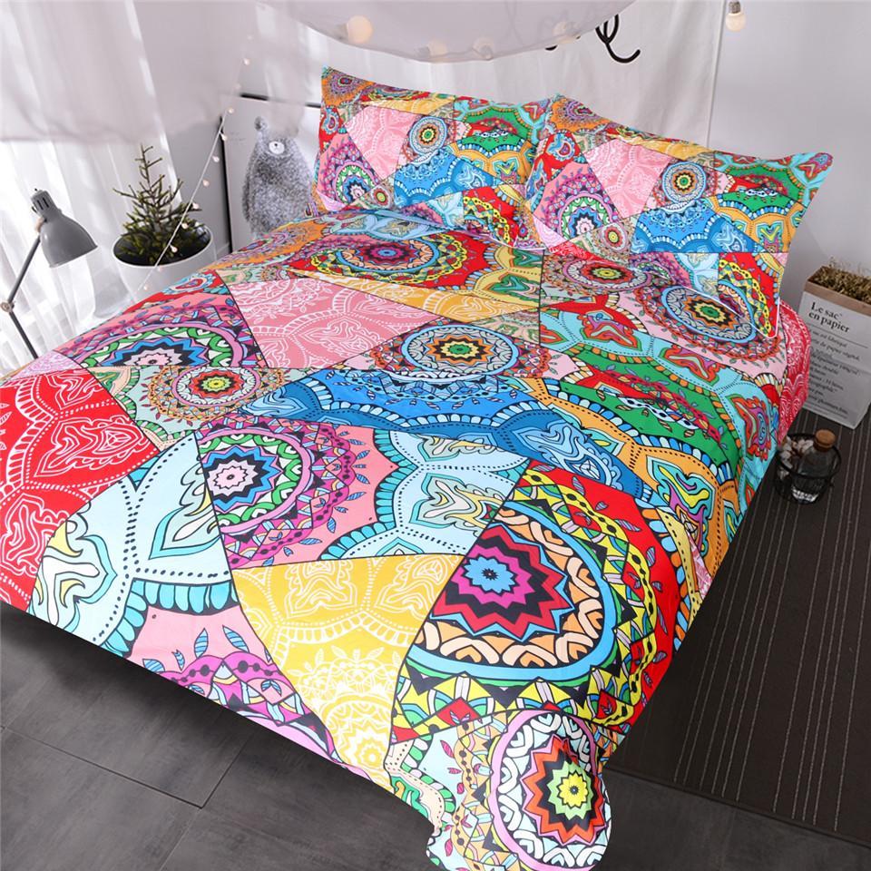 BlessLiving Mandala Red Pink Boho Flowers Patchwork et Queen for Adults Girls Colorful Bed Cover 3D Customized Duvet Cover Bedding Sets