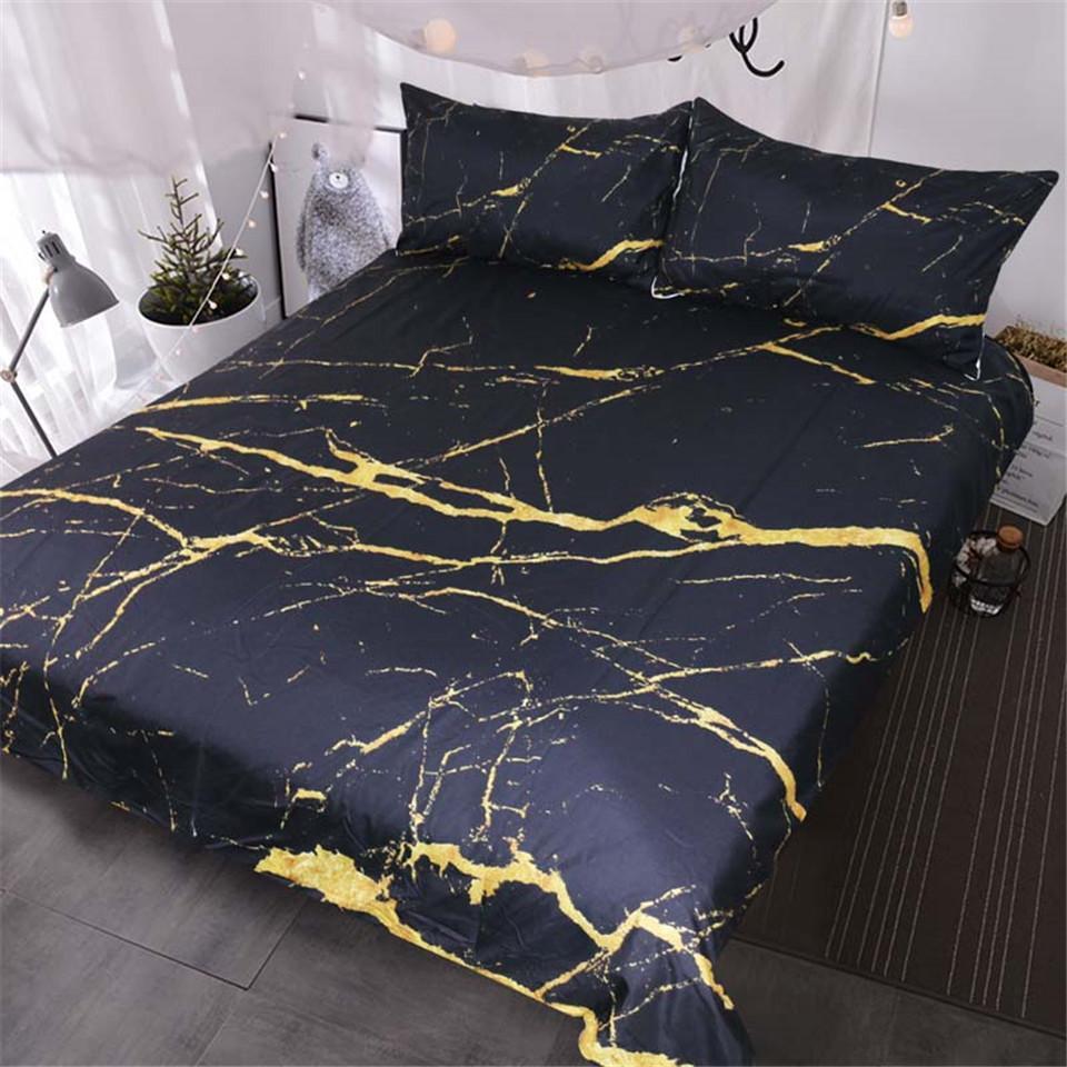 BlessLiving Marble Quilt Cover Modern Faux Gold Glitter Black Marbletone Queen 3 Pieces Trendy et3D Customized Duvet Cover Bedding Sets