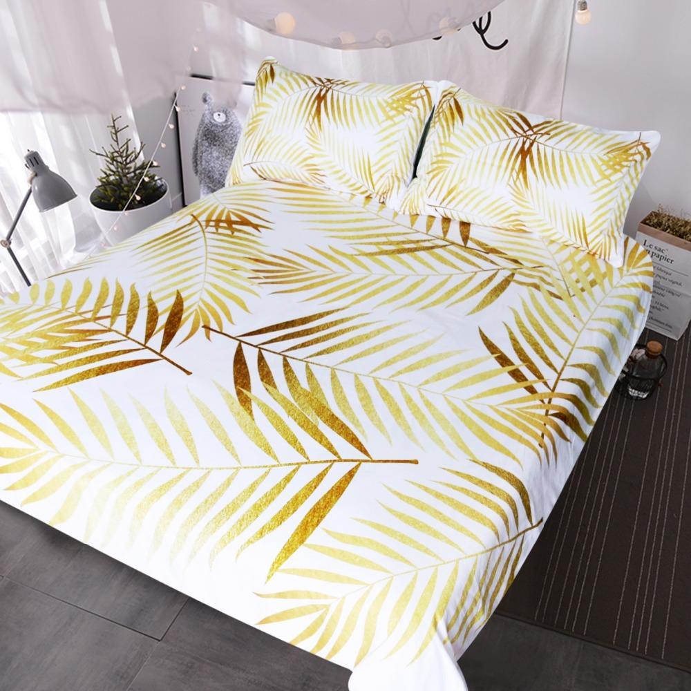 BlessLiving Modern Palm Leaf Tropical Floral Botanic Print Gold White Coastal Life Havana et3D Customized Duvet Cover Bedding Sets