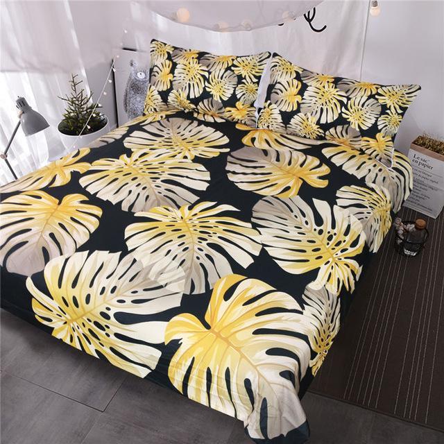 BlessLiving Modern Tropical Leaf Gold Monstera Leaveshiny Patternummer Floral et Black White3D Customized Duvet Cover Bedding Sets