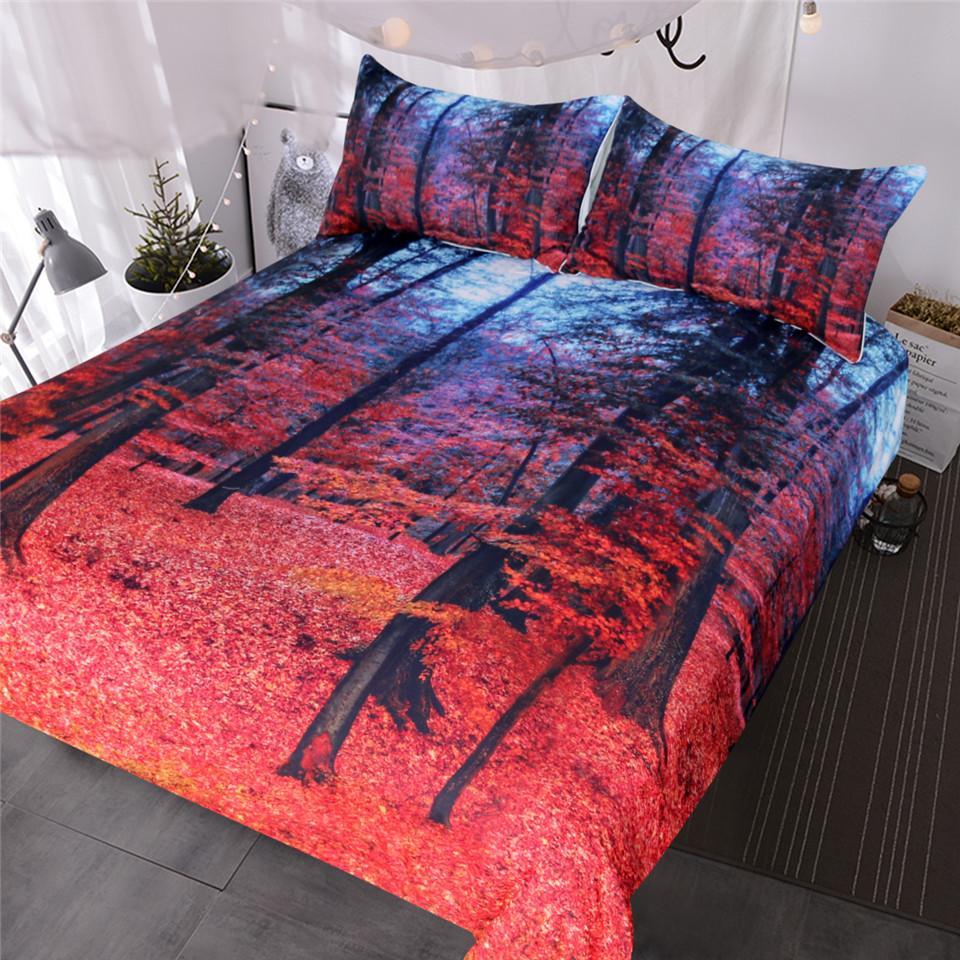 BlessLiving Natural Maple Forest 3 Piece Rustic Fall Autumn Tree Red and Black Woodland Leaves et3D Customized Duvet Cover Bedding Sets